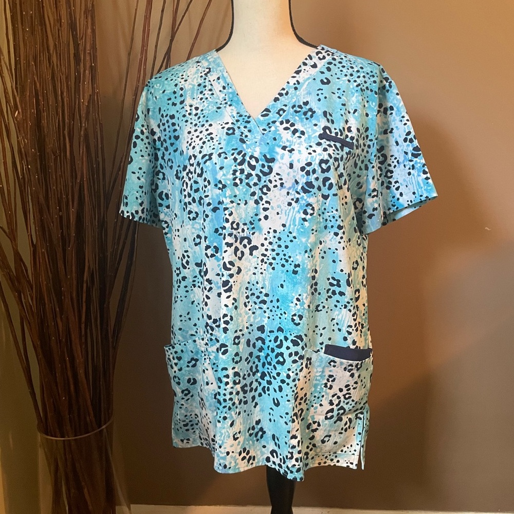 Blue Leopard Print Women's Scrub Top
